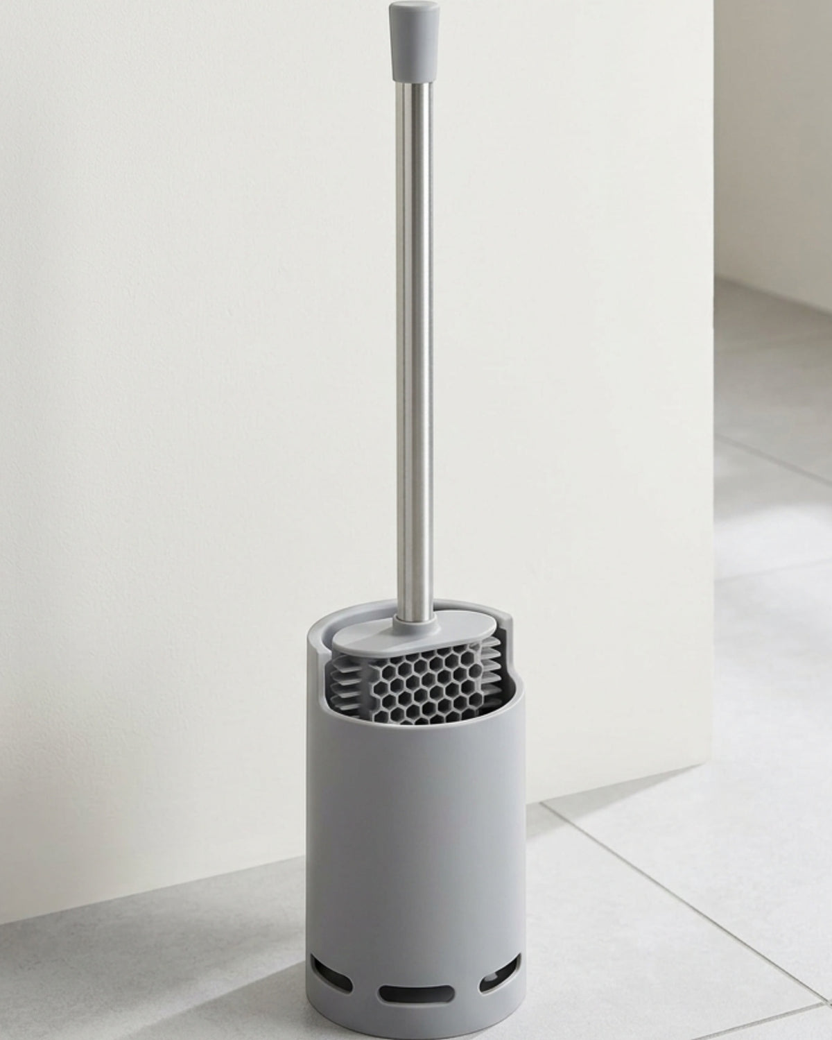 Jtfng Elliptical Honeycomb Silicone Toilet Brush Vented Base Gray - Lifestyle view